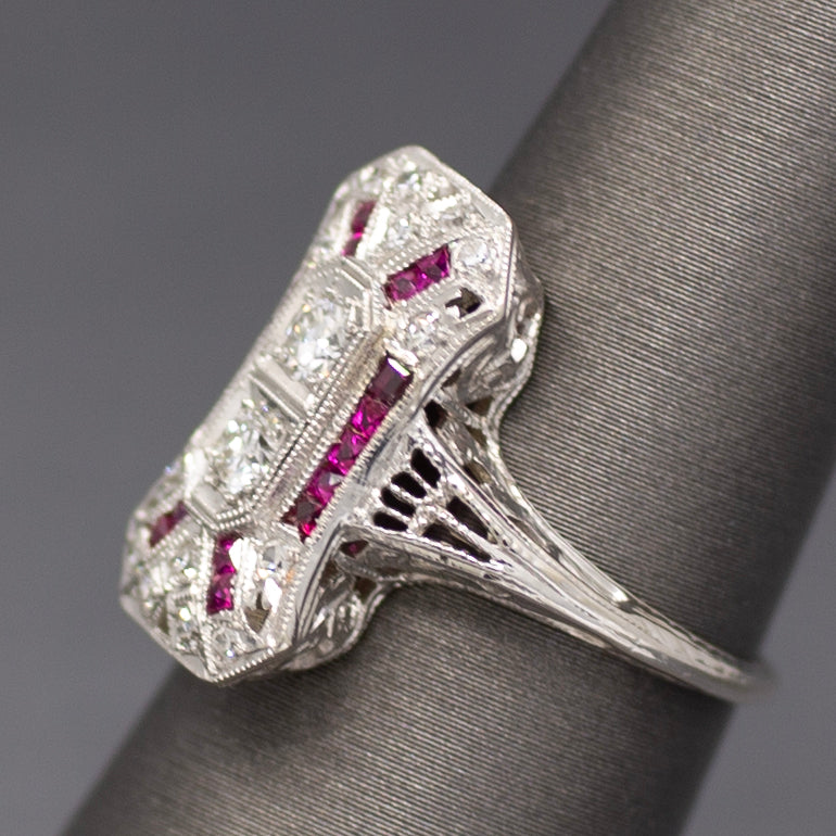 Art Deco Old European Cut and Ruby Cocktail Ring in Platinum