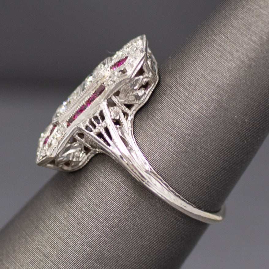 Art Deco Old European Cut and Ruby Cocktail Ring in Platinum