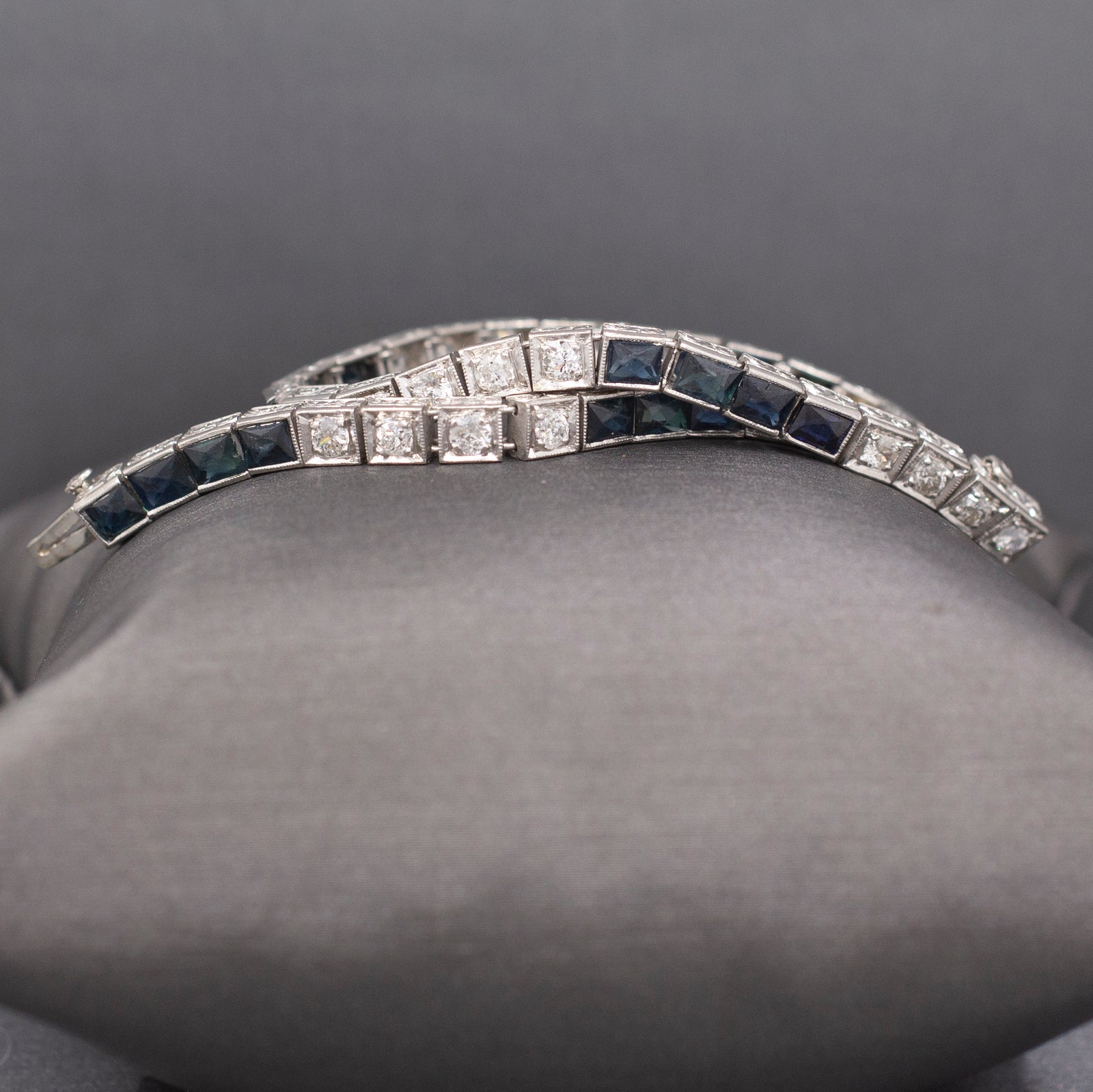 Art Deco Natural Diamond and Lab Created Sapphire Bracelet in 18k White Gold