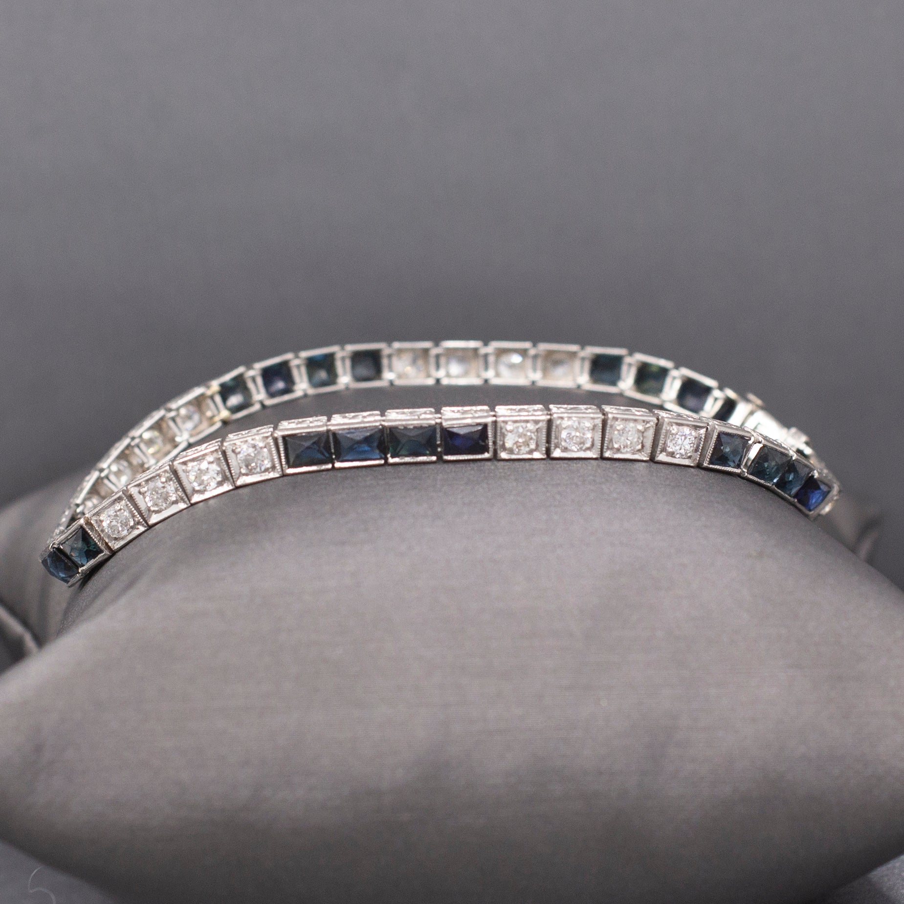 Art Deco Natural Diamond and Lab Created Sapphire Bracelet in 18k White Gold