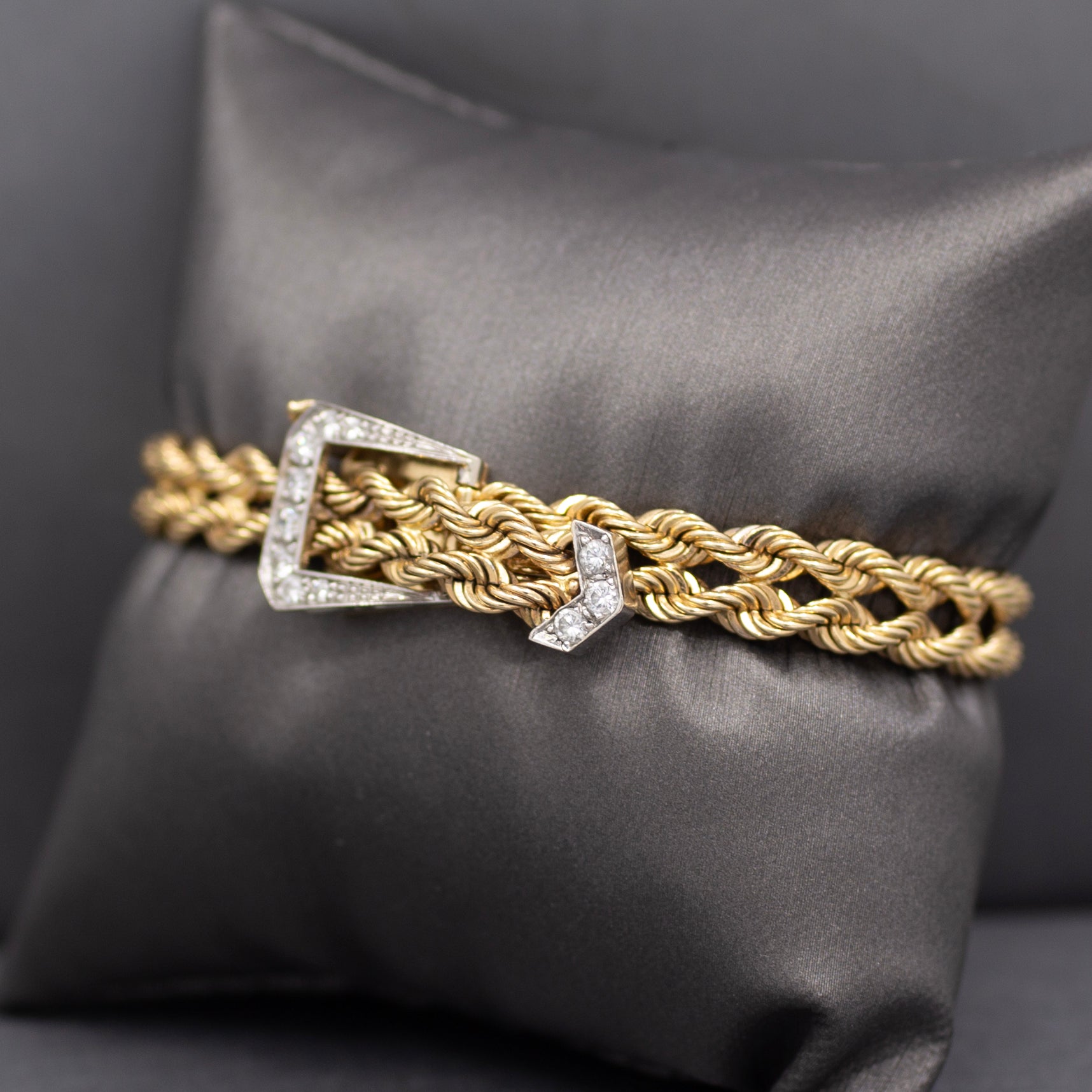 Vintage Diamond Buckle Twisted Rope Bracelet in 14k Yellow Gold