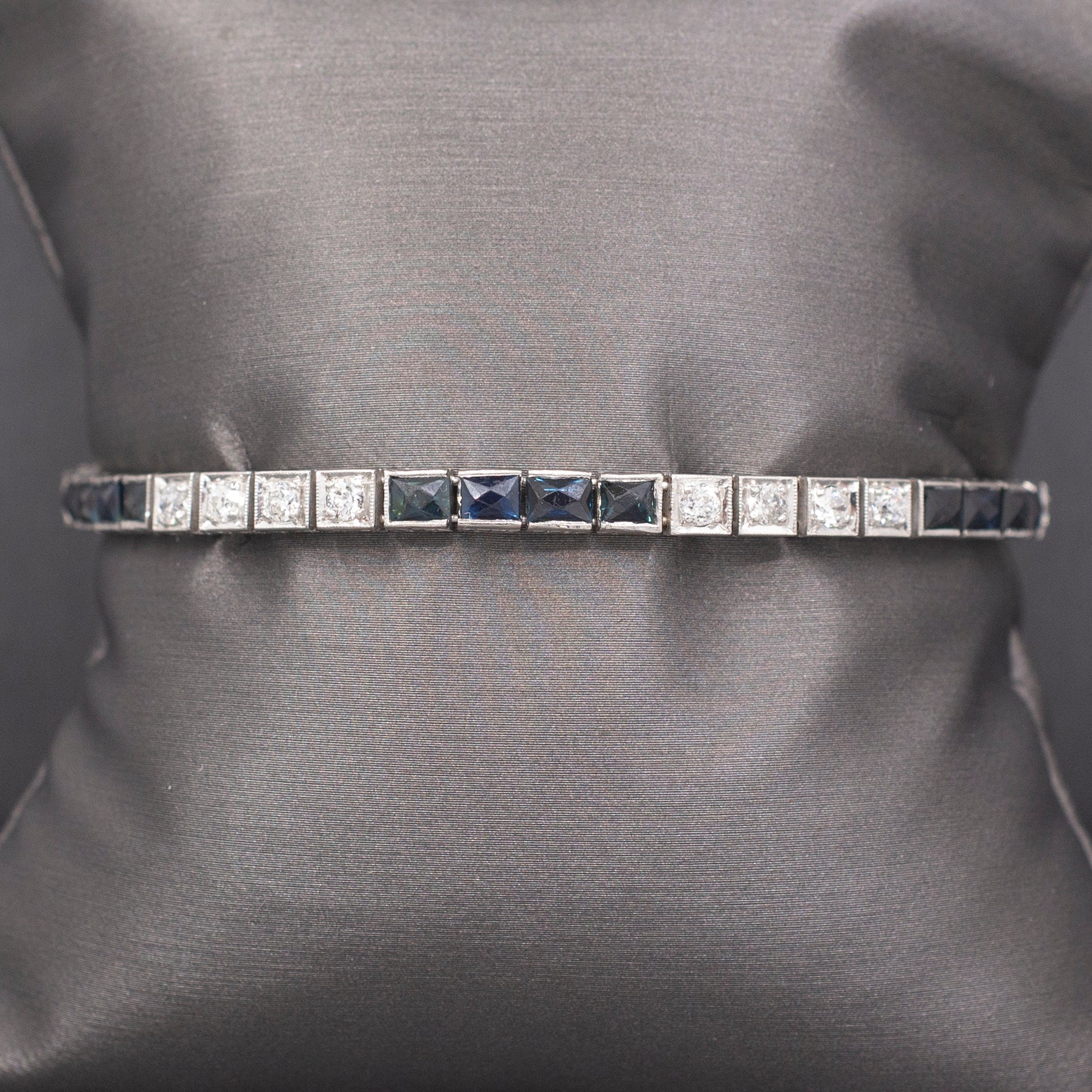 Art Deco Natural Diamond and Lab Created Sapphire Bracelet in 18k White Gold