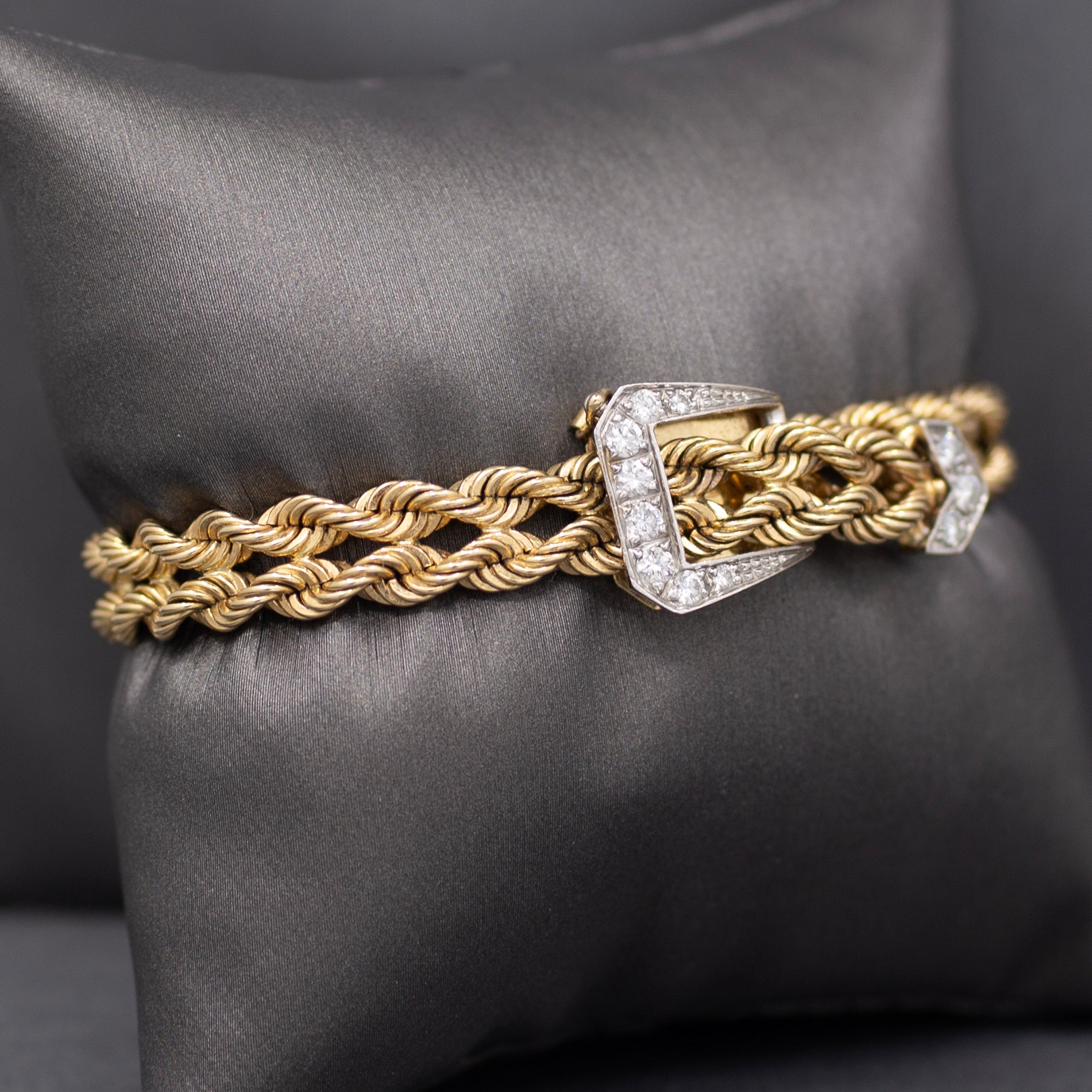 Vintage Diamond Buckle Twisted Rope Bracelet in 14k Yellow Gold
