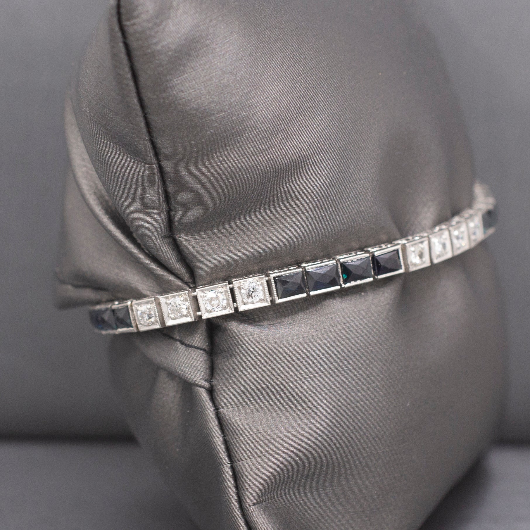 Art Deco Natural Diamond and Lab Created Sapphire Bracelet in 18k White Gold