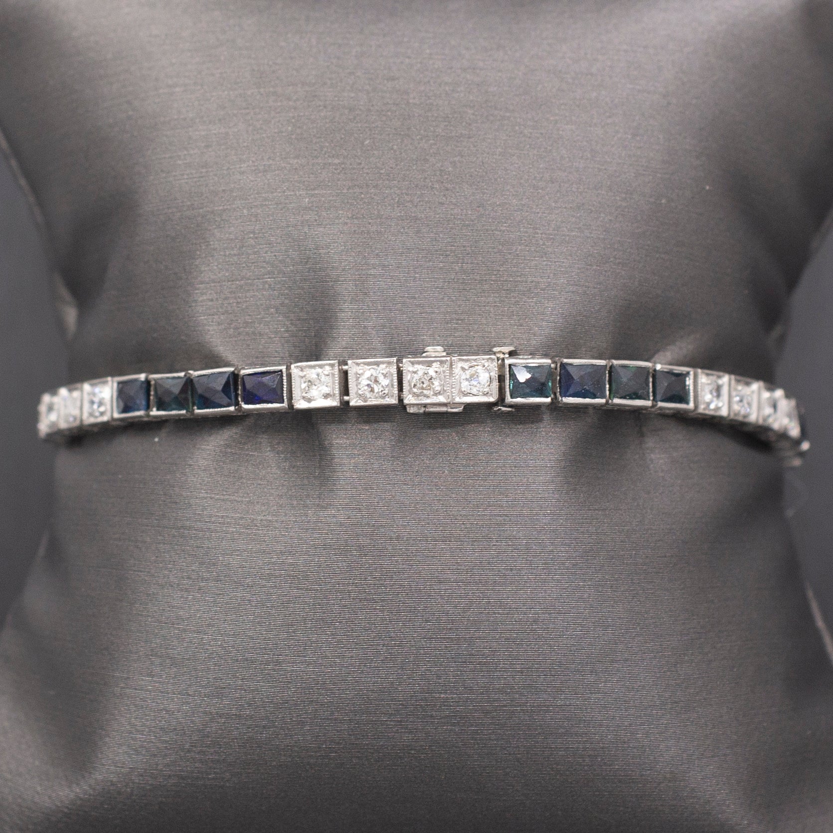 Art Deco Natural Diamond and Lab Created Sapphire Bracelet in 18k White Gold