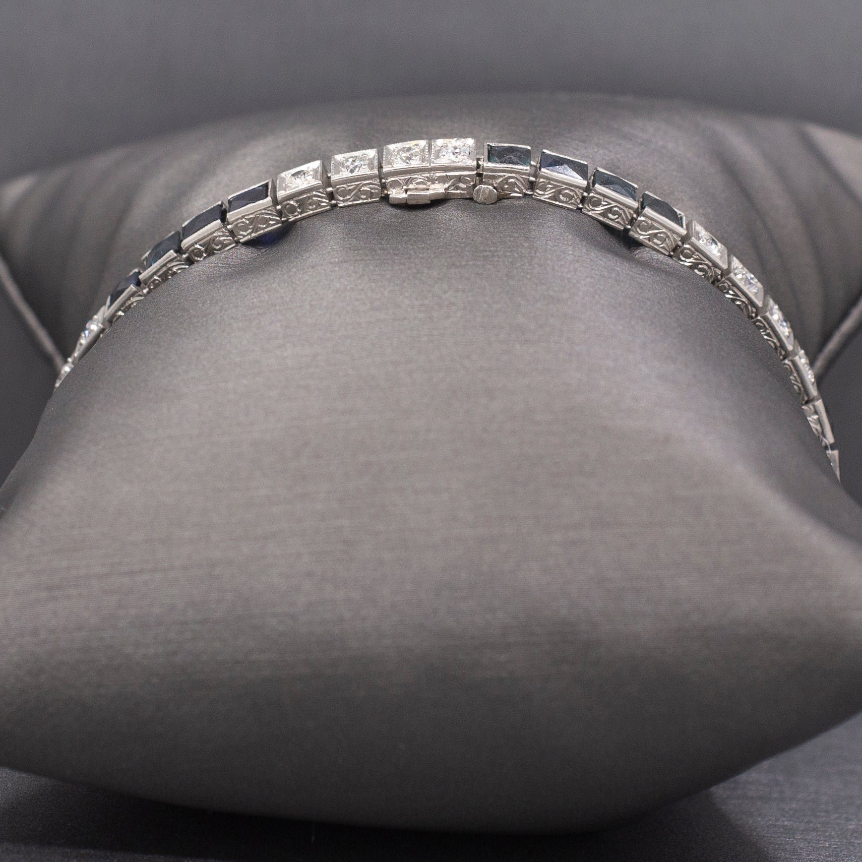 Art Deco Natural Diamond and Lab Created Sapphire Bracelet in 18k White Gold