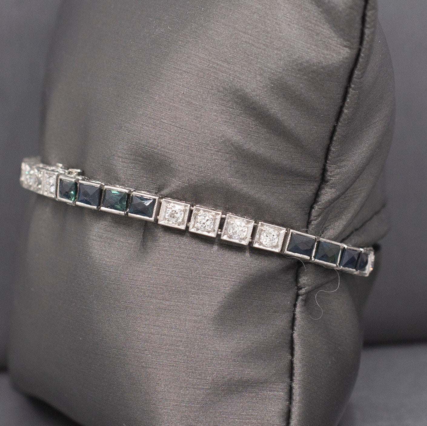 Art Deco Natural Diamond and Lab Created Sapphire Bracelet in 18k White Gold
