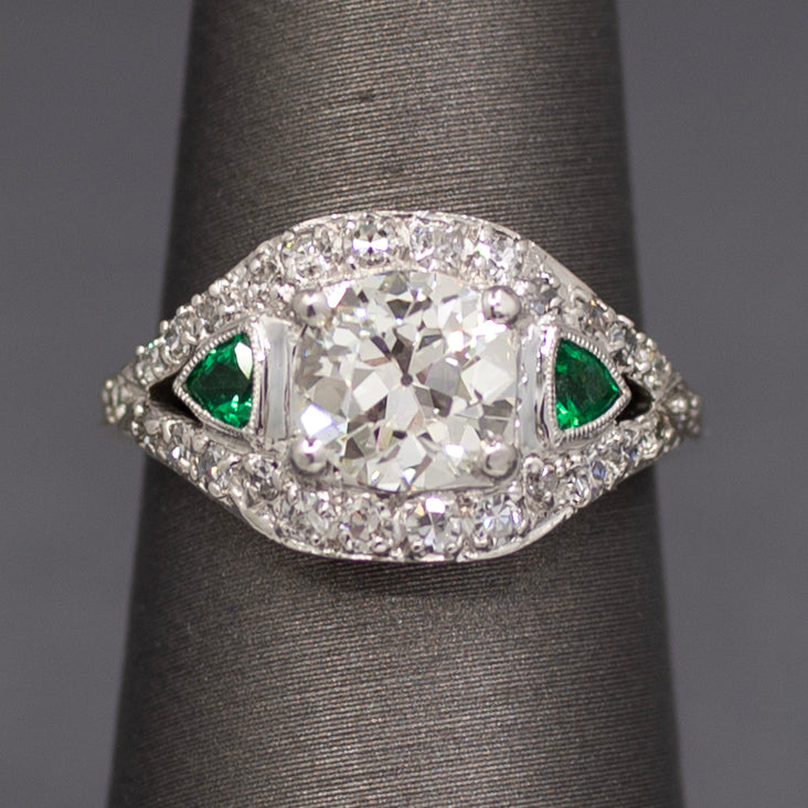 Late Art Deco Old European Cut Diamond and Natural Emerald Ring in Platinum