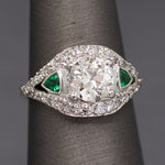 Late Art Deco Old European Cut Diamond and Natural Emerald Ring in Platinum