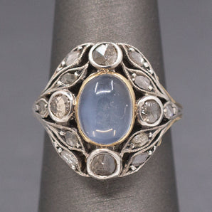 Art Nouveau Moonstone and Rose Cut Diamond Silver Top 14k Gold Ring