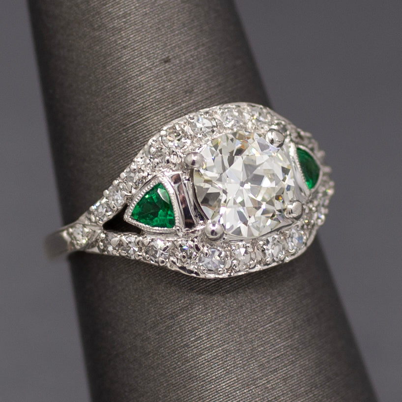 Late Art Deco Old European Cut Diamond and Natural Emerald Ring in Platinum