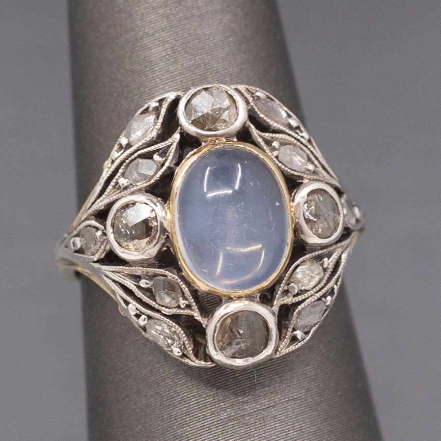 Art Nouveau Moonstone and Rose Cut Diamond Silver Top 14k Gold Ring