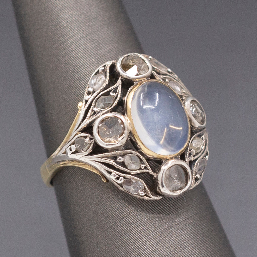 Art Nouveau Moonstone and Rose Cut Diamond Silver Top 14k Gold Ring