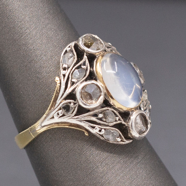 Art Nouveau Moonstone and Rose Cut Diamond Silver Top 14k Gold Ring