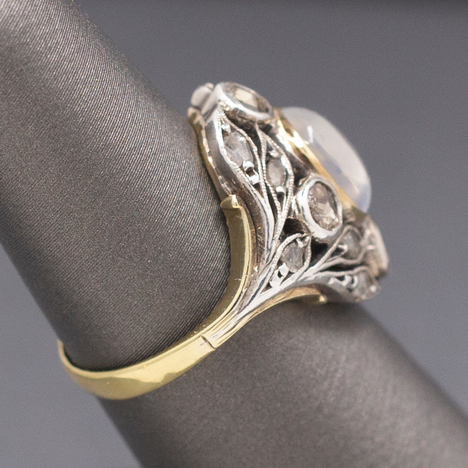 Art Nouveau Moonstone and Rose Cut Diamond Silver Top 14k Gold Ring