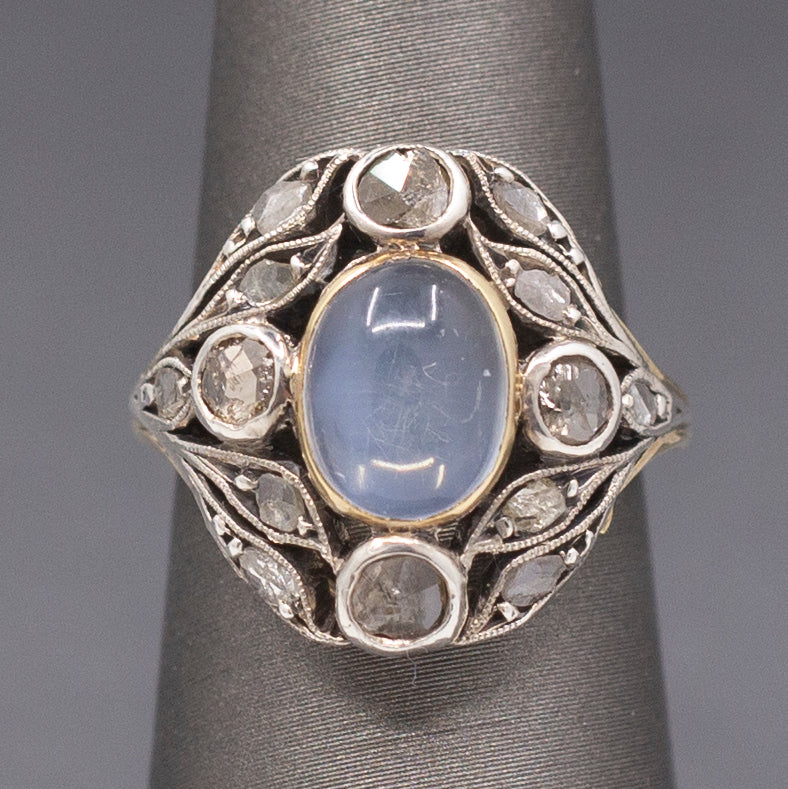Art Nouveau Moonstone and Rose Cut Diamond Silver Top 14k Gold Ring