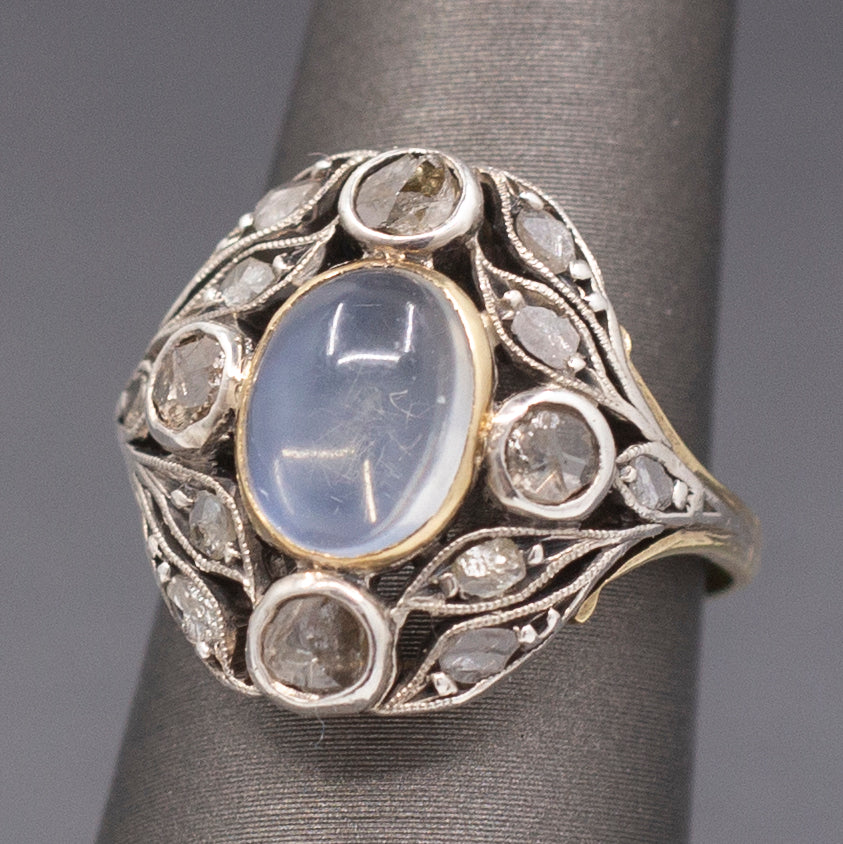 Art Nouveau Moonstone and Rose Cut Diamond Silver Top 14k Gold Ring