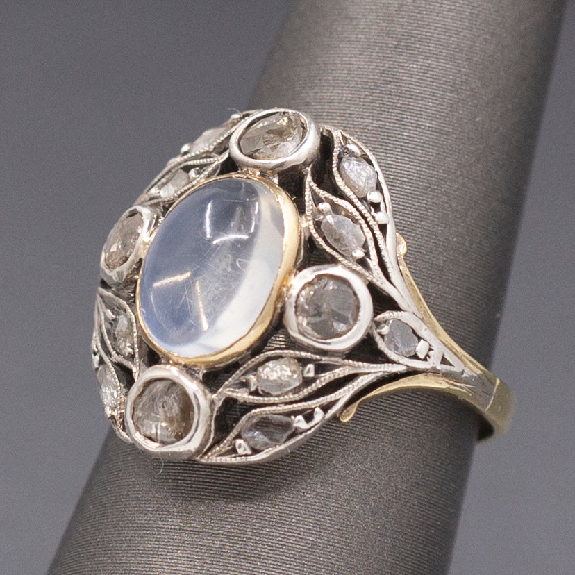 Art Nouveau Moonstone and Rose Cut Diamond Silver Top 14k Gold Ring