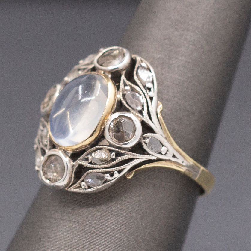 Art Nouveau Moonstone and Rose Cut Diamond Silver Top 14k Gold Ring
