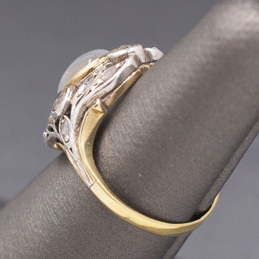 Art Nouveau Moonstone and Rose Cut Diamond Silver Top 14k Gold Ring