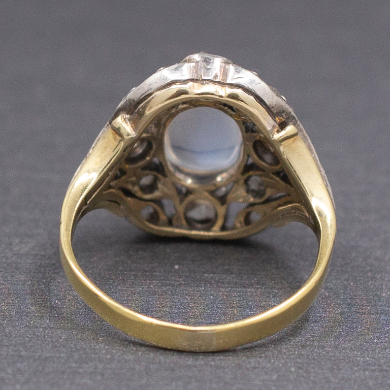 Art Nouveau Moonstone and Rose Cut Diamond Silver Top 14k Gold Ring
