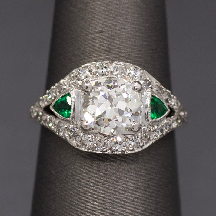 Late Art Deco Old European Cut Diamond and Natural Emerald Ring in Platinum