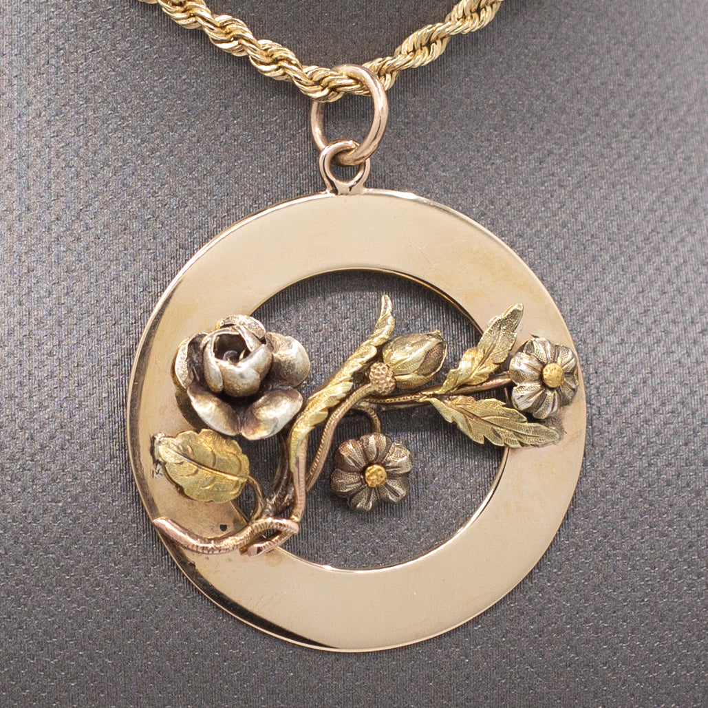 Vintage Tri-Color Detailed Flower Floral Pendant on Circle Base in 14k Gold
