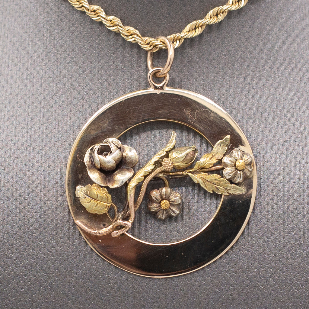 Vintage Tri-Color Detailed Flower Floral Pendant on Circle Base in 14k Gold