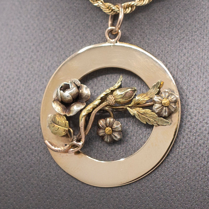 Vintage Tri-Color Detailed Flower Floral Pendant on Circle Base in 14k Gold