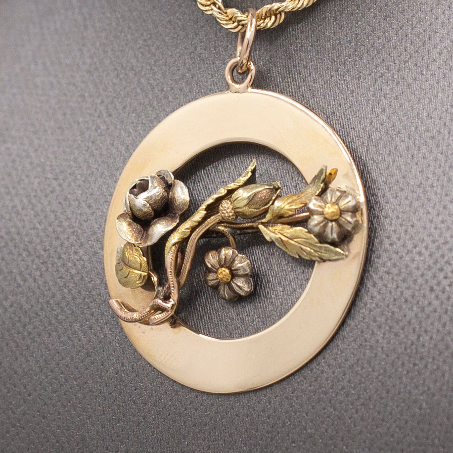 Vintage Tri-Color Detailed Flower Floral Pendant on Circle Base in 14k Gold