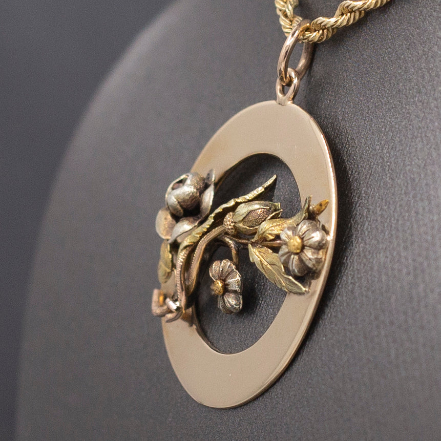 Vintage Tri-Color Detailed Flower Floral Pendant on Circle Base in 14k Gold
