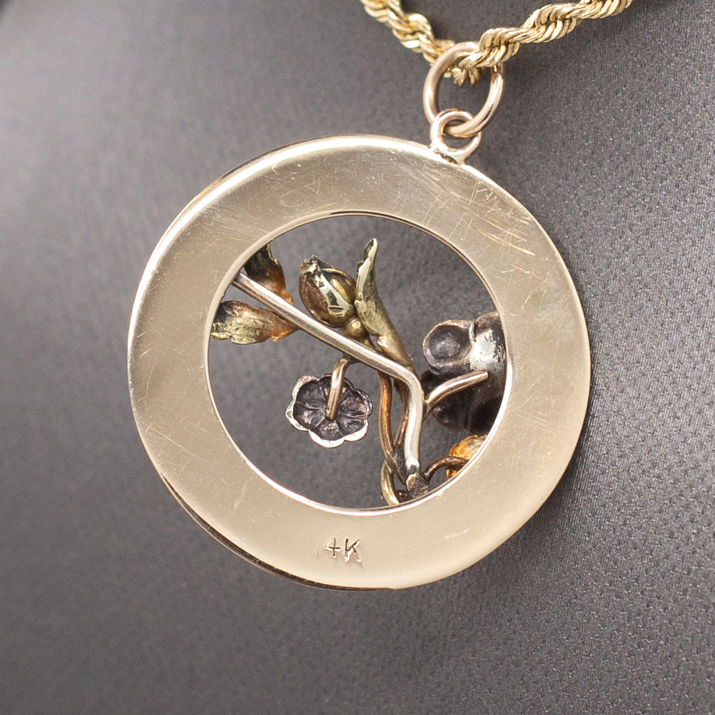 Vintage Tri-Color Detailed Flower Floral Pendant on Circle Base in 14k Gold
