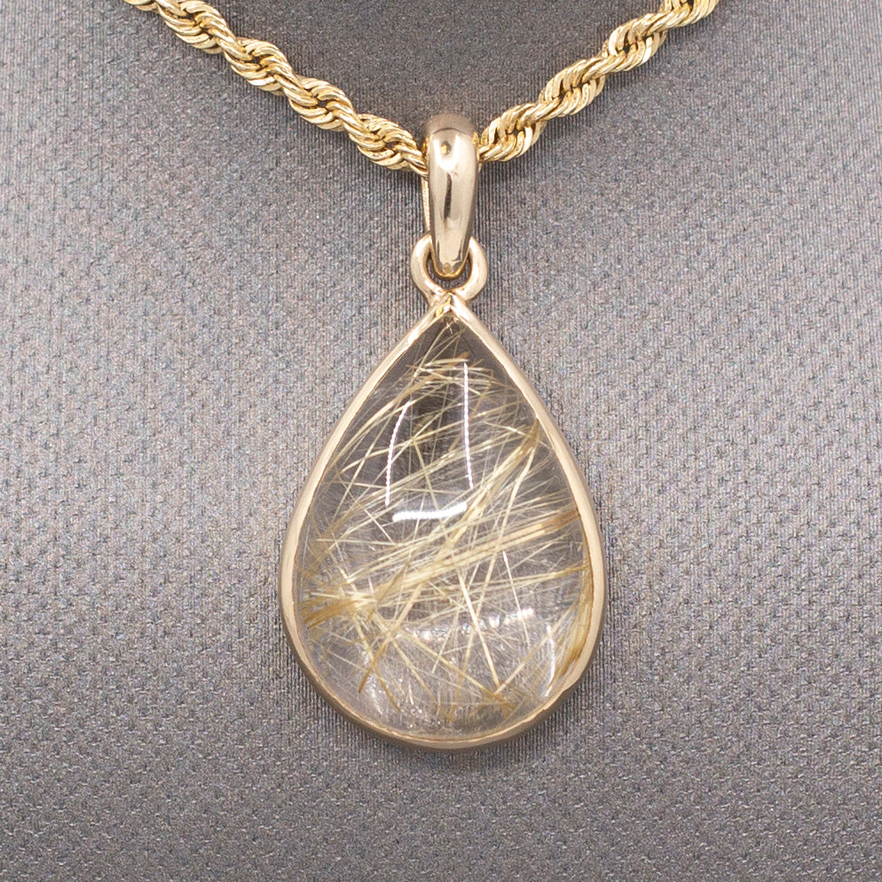Luxe Bezel Set Rutilated Quartz Pendant in 14k Yellow Gold