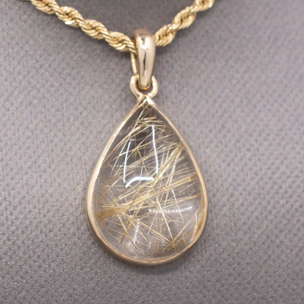 Luxe Bezel Set Rutilated Quartz Pendant in 14k Yellow Gold