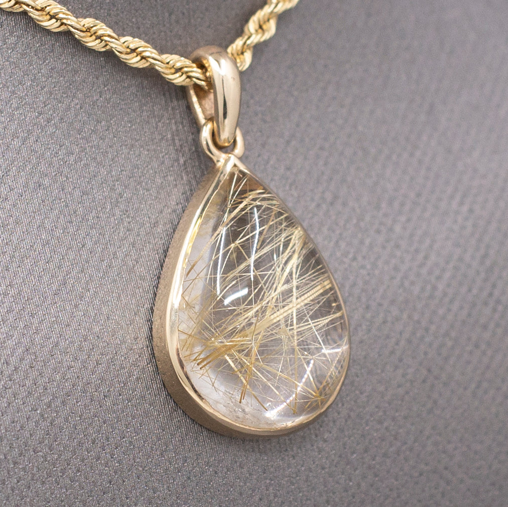 Luxe Bezel Set Rutilated Quartz Pendant in 14k Yellow Gold