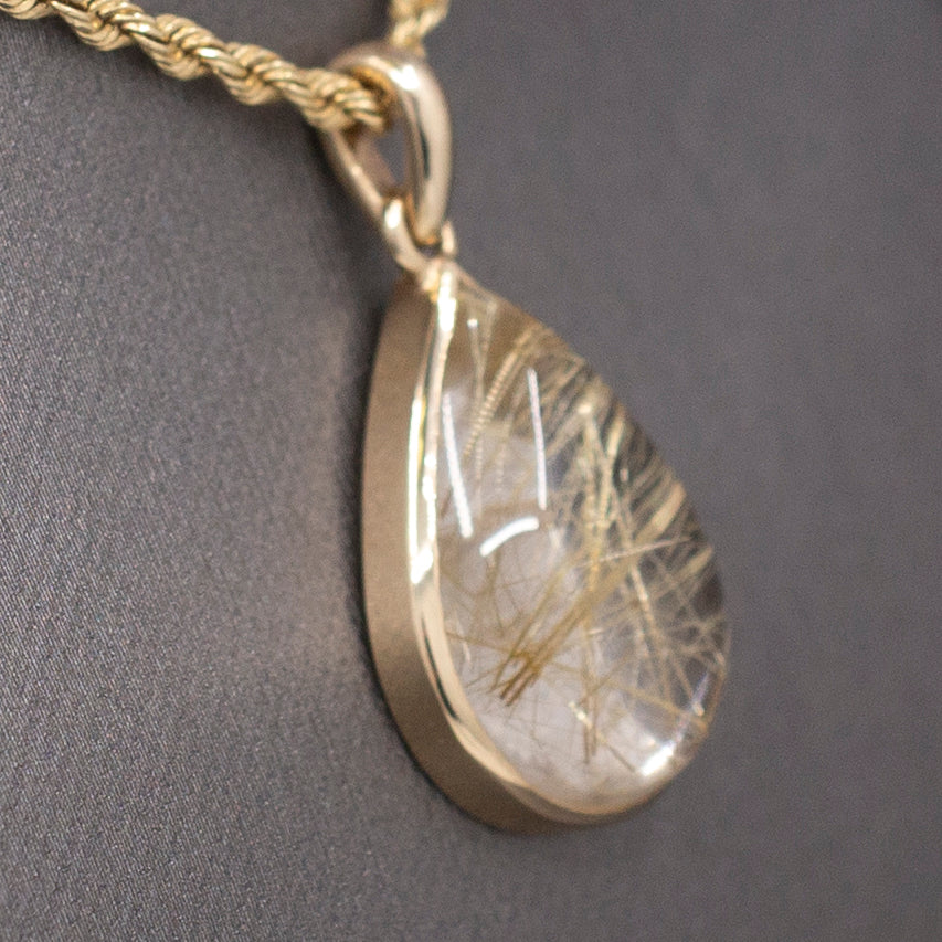 Luxe Bezel Set Rutilated Quartz Pendant in 14k Yellow Gold
