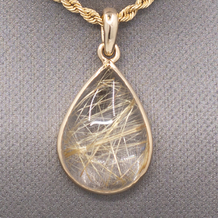 Luxe Bezel Set Rutilated Quartz Pendant in 14k Yellow Gold