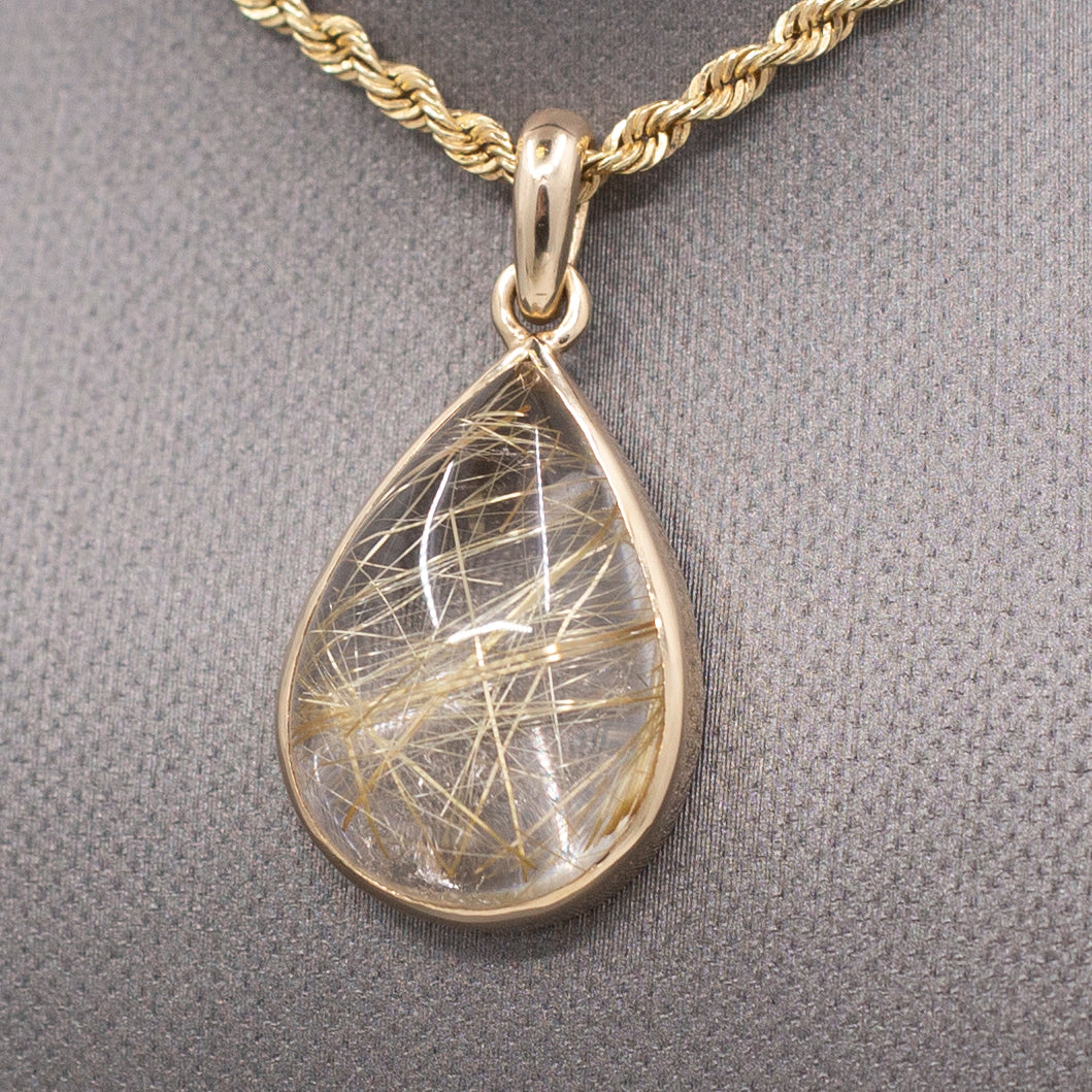 Luxe Bezel Set Rutilated Quartz Pendant in 14k Yellow Gold