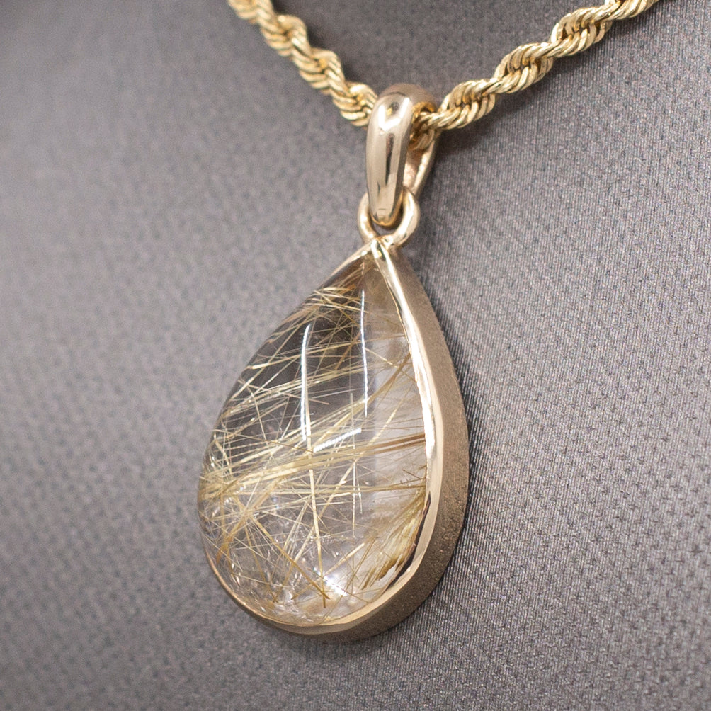 Luxe Bezel Set Rutilated Quartz Pendant in 14k Yellow Gold