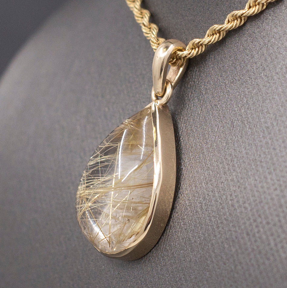 Luxe Bezel Set Rutilated Quartz Pendant in 14k Yellow Gold