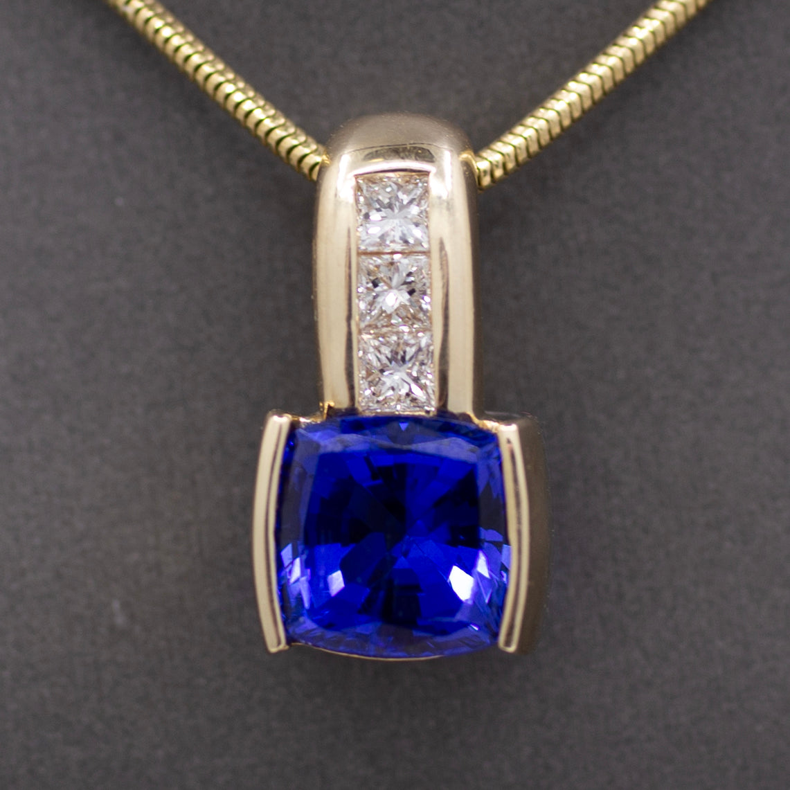 Rich Tanzanite and Princess Cut Diamond Pendant Enhancer in 14k Yellow Gold