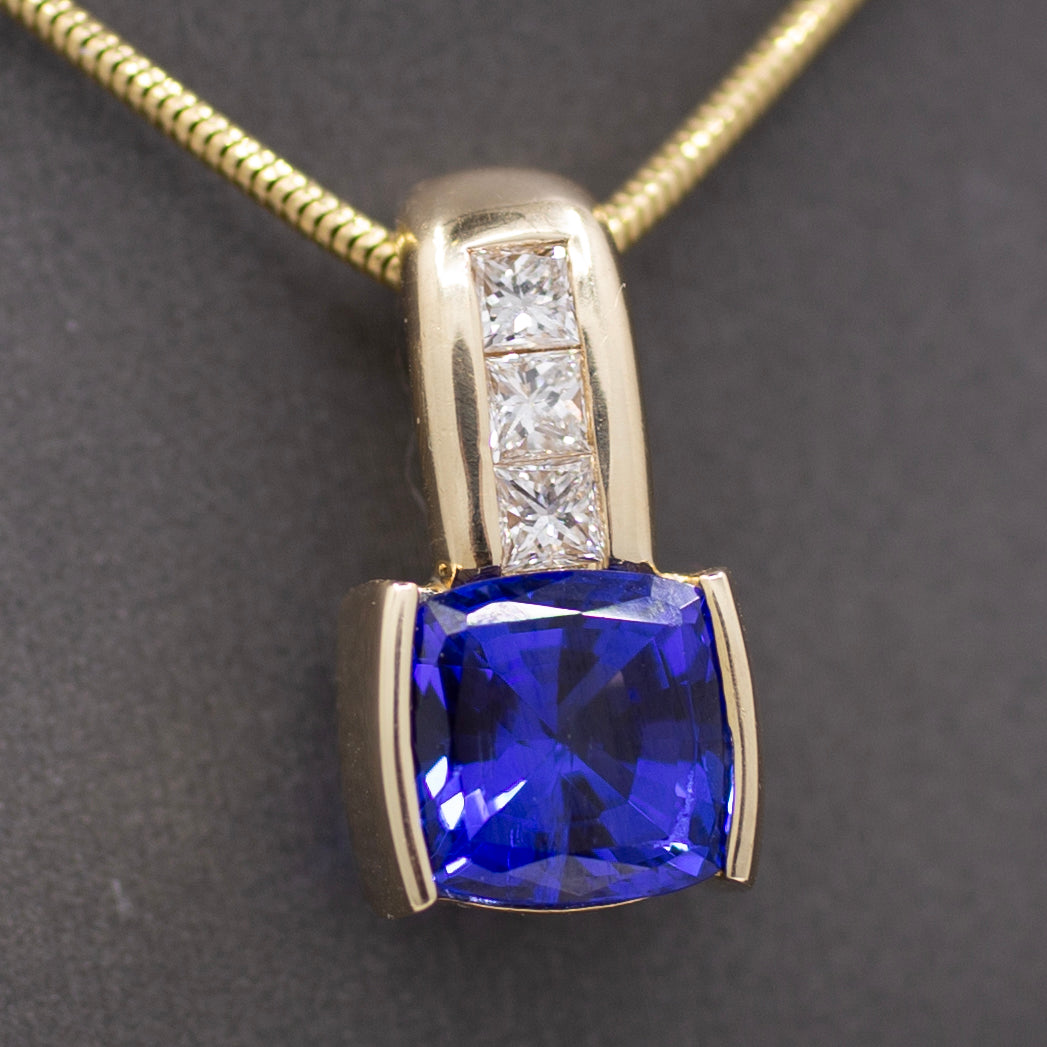 Rich Tanzanite and Princess Cut Diamond Pendant Enhancer in 14k Yellow Gold