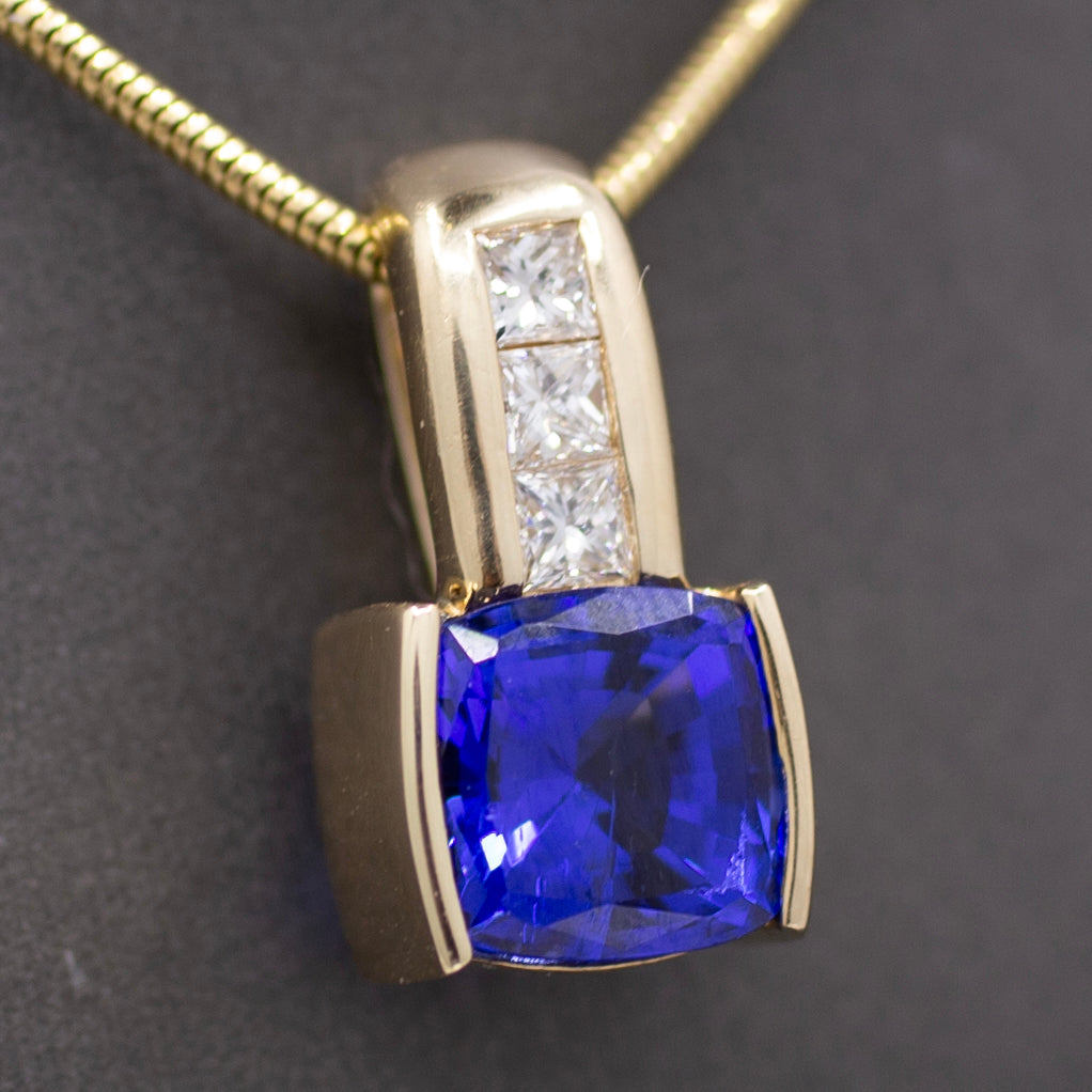 Rich Tanzanite and Princess Cut Diamond Pendant Enhancer in 14k Yellow Gold