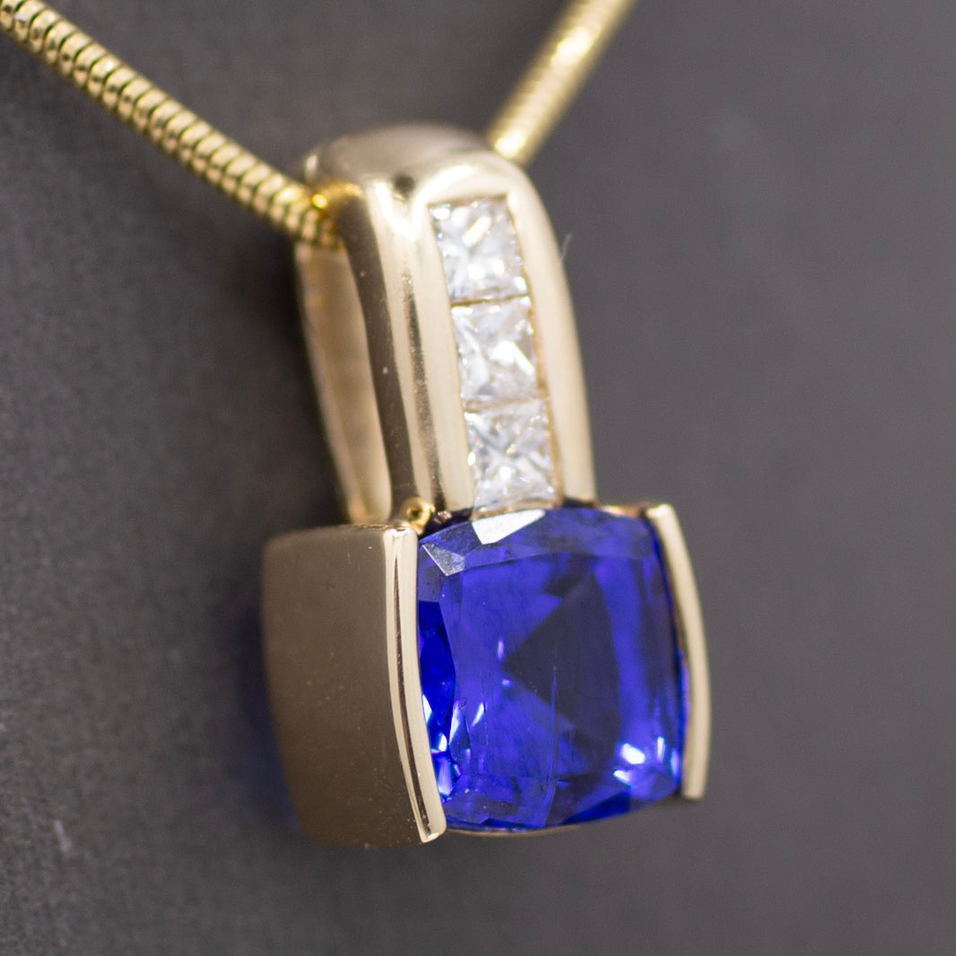 Rich Tanzanite and Princess Cut Diamond Pendant Enhancer in 14k Yellow Gold