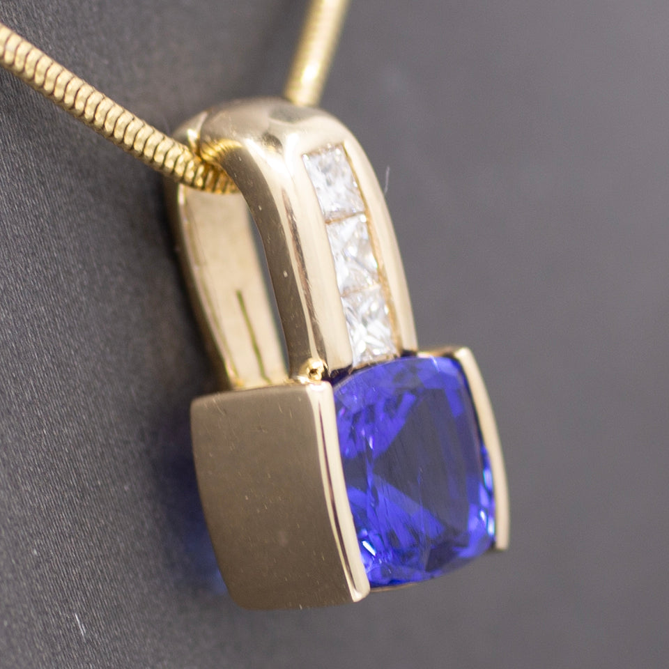Rich Tanzanite and Princess Cut Diamond Pendant Enhancer in 14k Yellow Gold