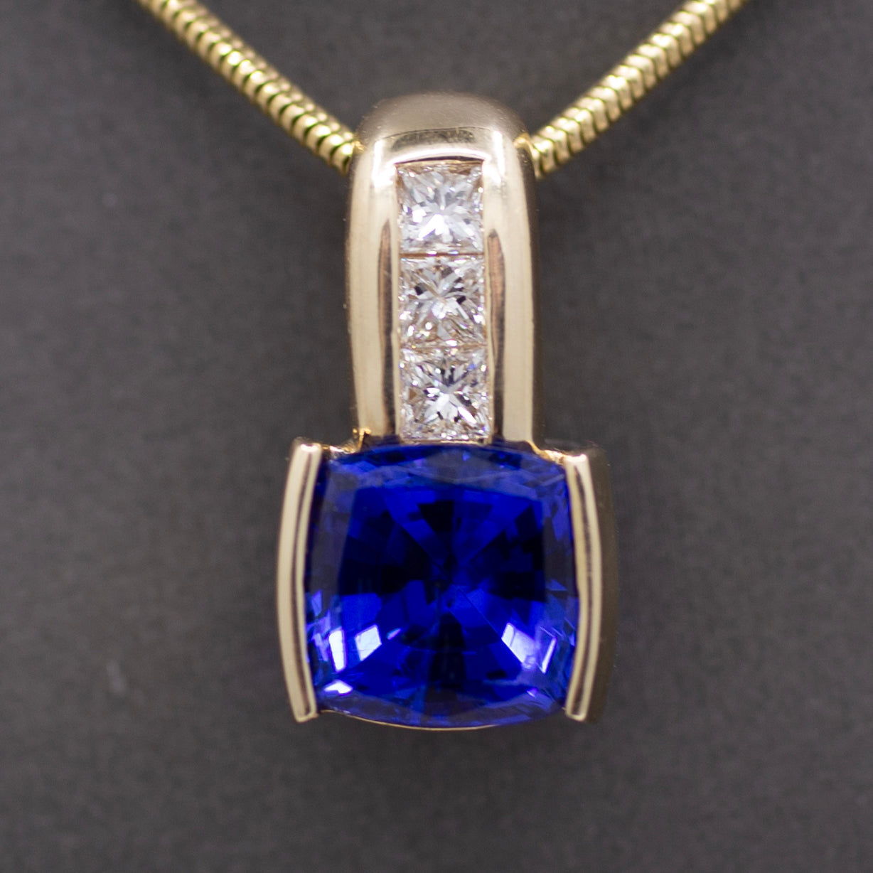 Rich Tanzanite and Princess Cut Diamond Pendant Enhancer in 14k Yellow Gold