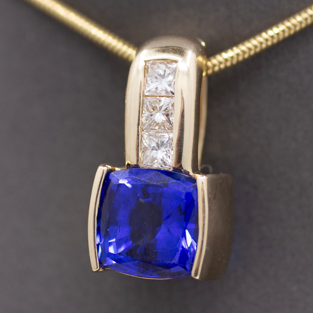 Rich Tanzanite and Princess Cut Diamond Pendant Enhancer in 14k Yellow Gold