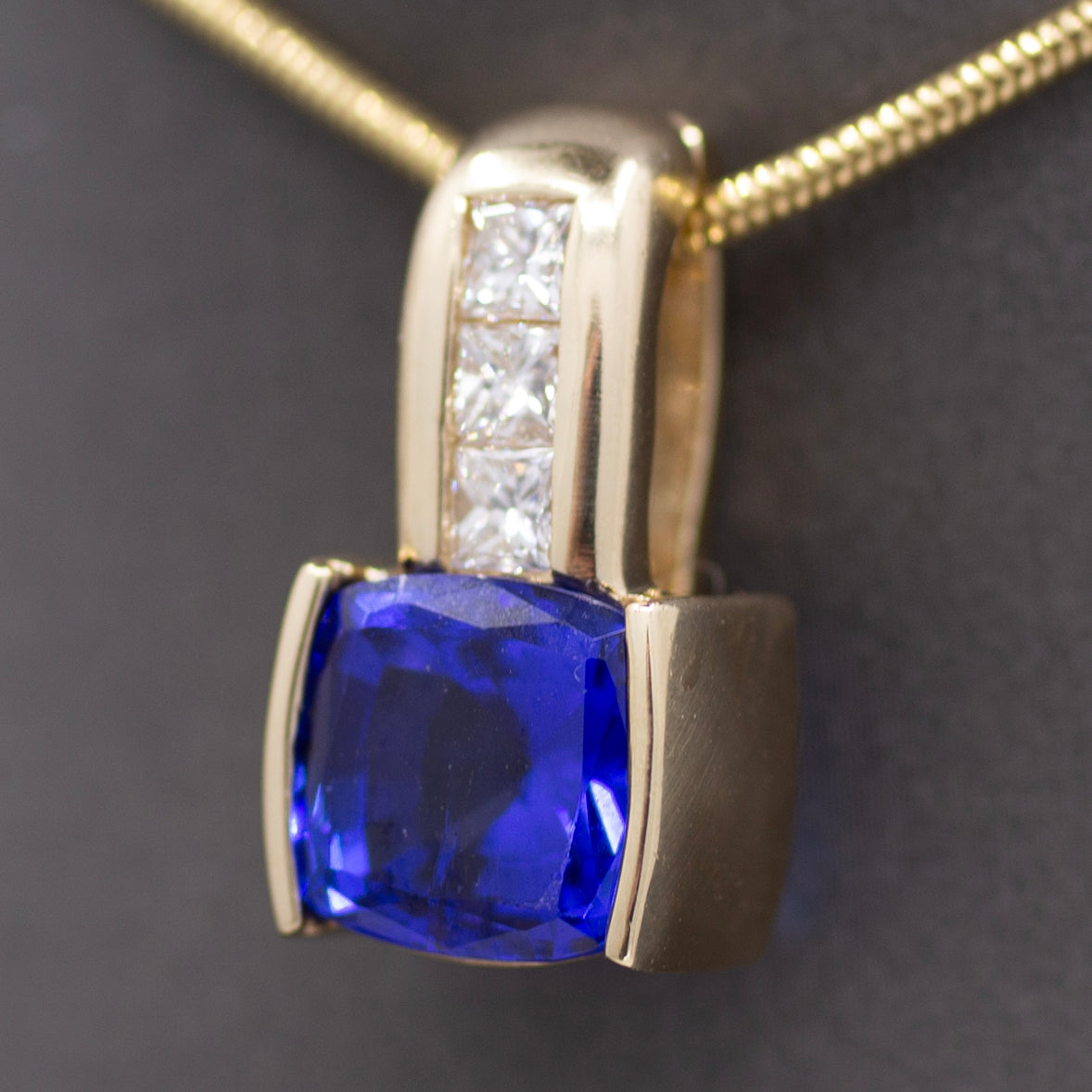 Rich Tanzanite and Princess Cut Diamond Pendant Enhancer in 14k Yellow Gold