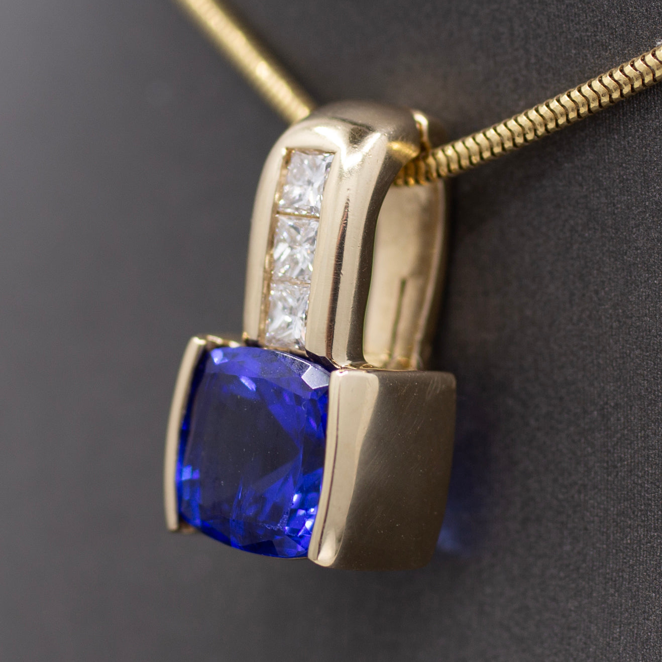 Rich Tanzanite and Princess Cut Diamond Pendant Enhancer in 14k Yellow Gold