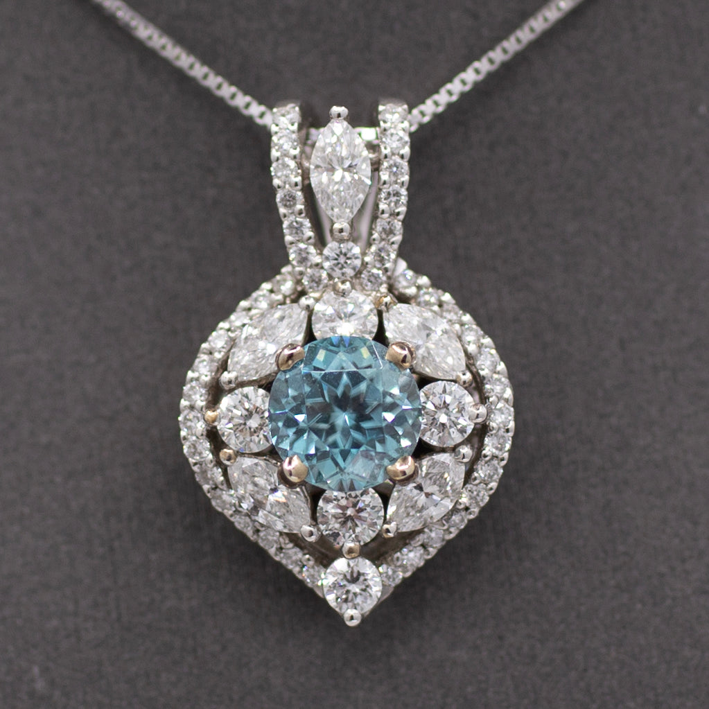 Sparkling Blue Zircon and Diamond Pendant Necklace in 14k White Gold